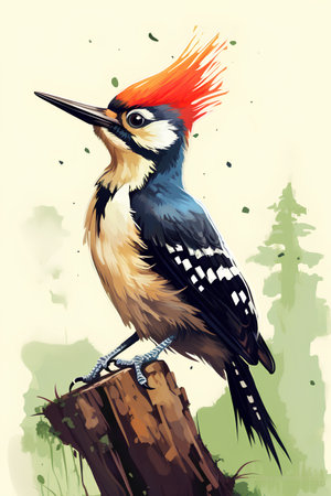 Great spotted woodpecker bird sitting on a tree stump, vector illustrationの素材