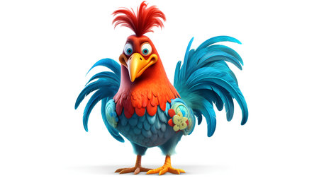 3D rendering of a cartoon rooster isolated on white background.の素材