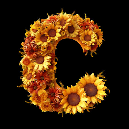 Letter C made of sunflower flowers isolated on black background. 3d renderingの素材