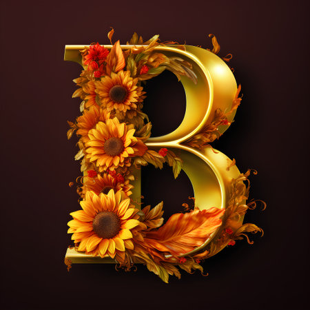 B letter with autumn leaves and sunflowers. 3d illustrationの素材
