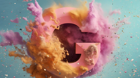 Colorful explosion of powder with letter G, isolated on blue backgroundの素材