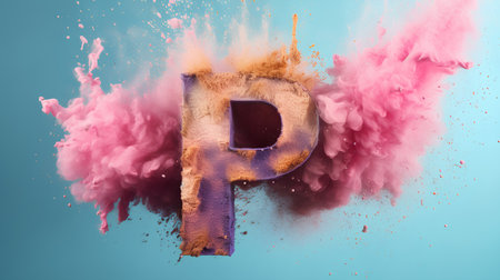 Letter P of the alphabet filled with pink and blue paint splashes on a blue backgroundの素材