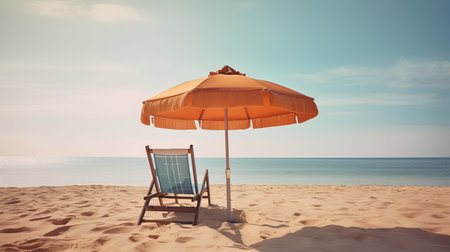 Beach chair and umbrella on sand beach with blue sky - vintage filterの素材