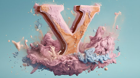 Colorful paint splashes and letter V on blue background. 3d renderingの素材