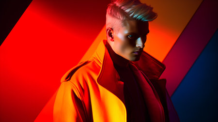 Fashionable young man in a red coat. Studio shot.の素材