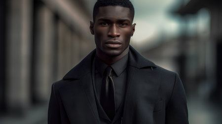 Portrait of a handsome african american man in a black coat.の素材