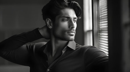 Portrait of a handsome young man looking out the window. Black and white.の素材