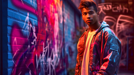 Handsome african american man in hoodie against graffiti wallの素材
