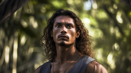 Portrait of a handsome young man with long brown curly hair.の素材