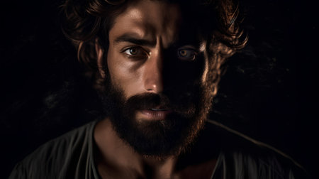 Portrait of a handsome man with a beard and mustache on a black backgroundの素材