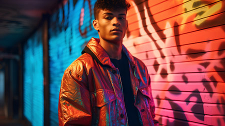 Young african american man in a colorful jacket on a graffiti wall background.の素材