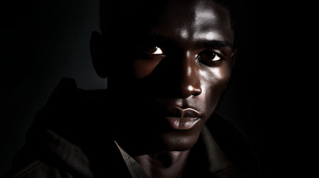 Portrait of a young african american man on black backgroundの素材