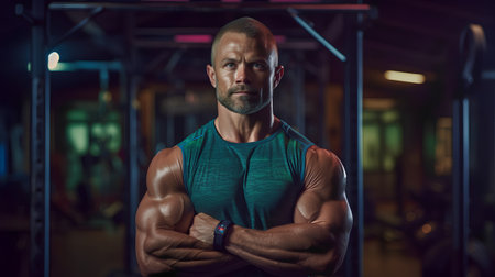 Handsome Mature Man Standing Strong In The Gym And Flexing Muscles - Muscular Athletic Bodybuilder Fitness Model Posing After Exercisesの素材