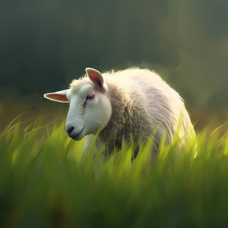 Sheep in a meadow with green grass on a sunny dayの素材