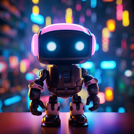 3d render of a robot on a dark background with neon lightsの素材