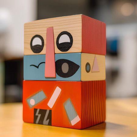 Wooden building blocks with faces in different colors on the table.の素材