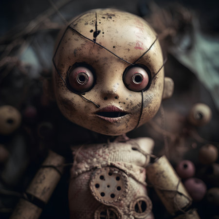 Vintage wooden doll with sad eyes and sad expression. Halloween concept.の素材