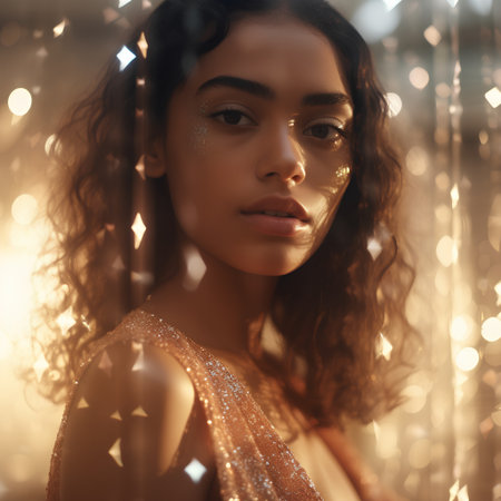 Portrait of a beautiful young woman with curly hair and golden makeup.の素材