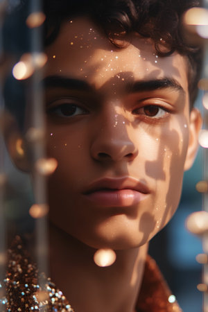 beautiful young woman looking at camera and touching face with golden lightsの素材