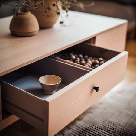 Coffee cup and coffee beans in wooden drawer in living roomの素材