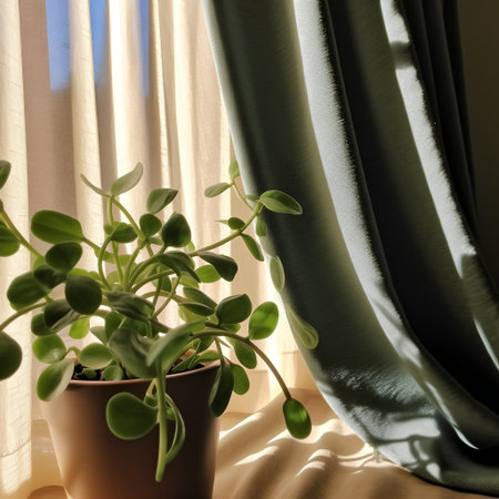 Houseplant in a pot on a window sill with a curtain.の素材