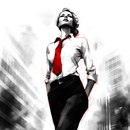 Portrait of a beautiful business woman in a white shirt and red tieの素材