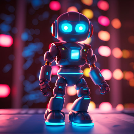 3d render of a robot with colorful lights on the background.の素材