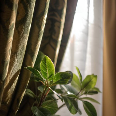 Close up view of a green ficus plant on a window.の素材