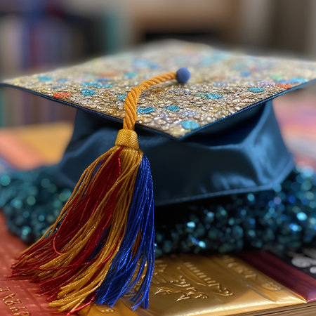 Graduation cap and diploma on the background of books, close-upの素材