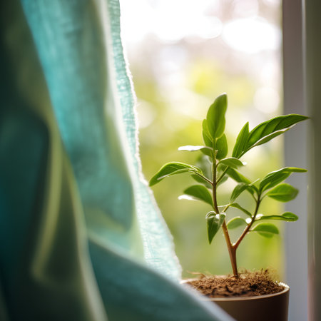 Young plant in a pot on the windowsill. Selective focus.の素材