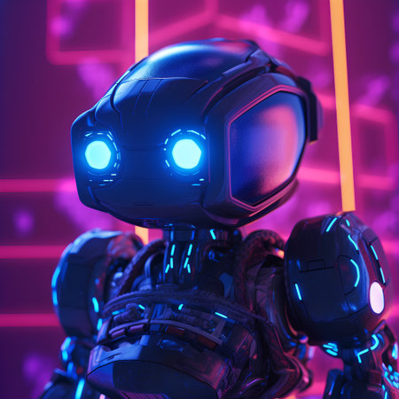 3d rendering of a robot cyborg with neon lights on backgroundの素材