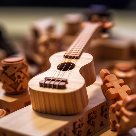 Ukulele in the form of wooden figures on a wooden backgroundの素材
