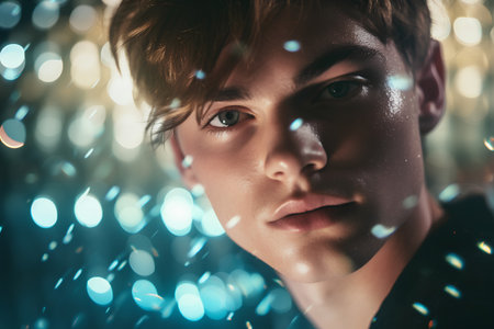 Portrait of a handsome young man in the rain. Men's beauty, fashion.の素材
