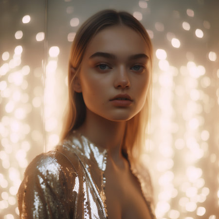 Portrait of a beautiful girl in a golden dress on a background of lightsの素材