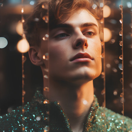 Portrait of a handsome young man in a green coat on a background of golden lights.の素材