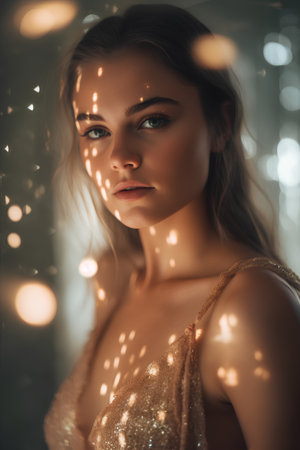 Portrait of a beautiful girl in a gold dress in the interiorの素材