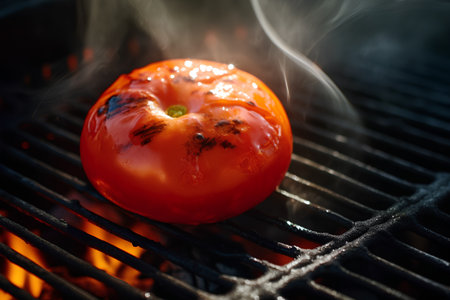Tomato on the grill with smoke and flames. Selective focus.の素材