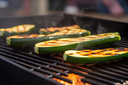 Grilling zucchini on a barbecue grill. Selective focus.の素材