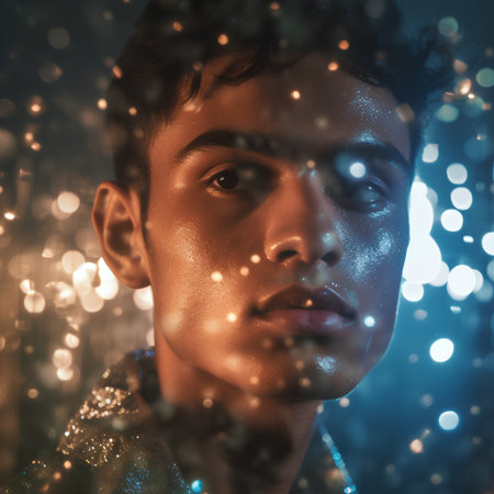 Portrait of a handsome young man with abstract lights on background.の素材