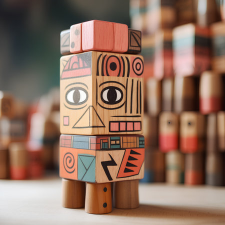 Wooden blocks in the form of a totem on the background of booksの素材