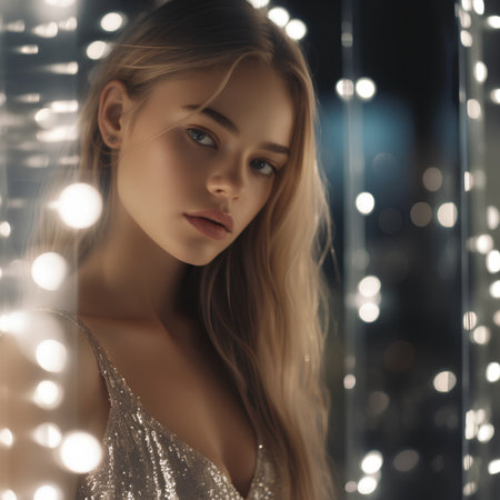 Portrait of a beautiful young woman with long blond hair in a golden evening dress.の素材