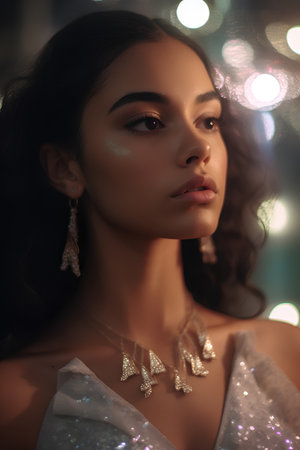 fashion interior photo of beautiful sensual woman with dark hair in elegant dress and accessoriesの素材