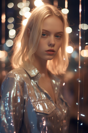 Portrait of a beautiful blond woman in a shiny silver dress.の素材