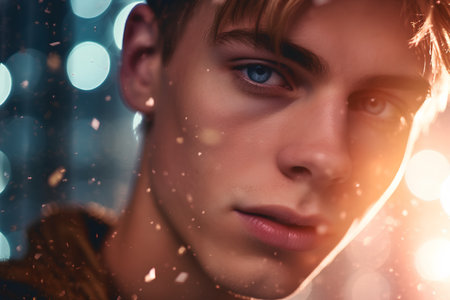 Portrait of a handsome young man with bright blue eyes. Close-up.の素材