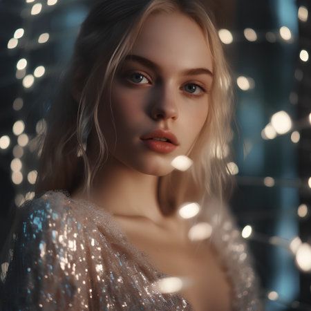Portrait of a beautiful young woman in a silver dress. Beauty, fashion.の素材
