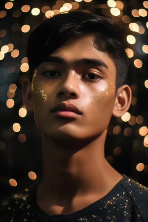 Portrait of young handsome asian man with golden glitter on faceの素材