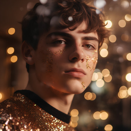 Portrait of a handsome young man with golden glitter on his face.の素材