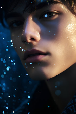 Portrait of a beautiful young woman in blue light. Beauty, fashion.の素材