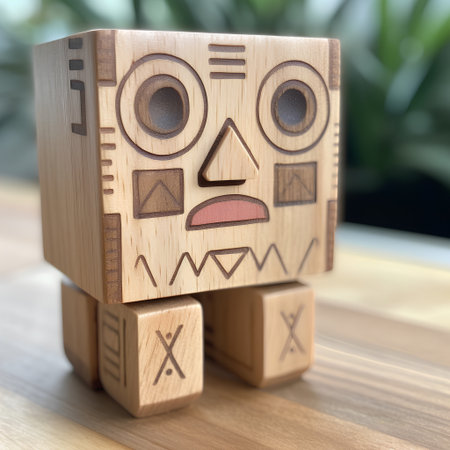 Wooden toy with face in the form of a cube on the tableの素材