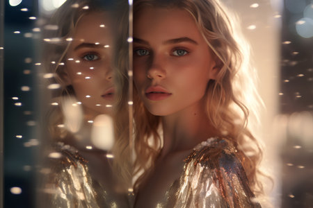 Fashion portrait of a beautiful blonde girl in a golden dress.の素材